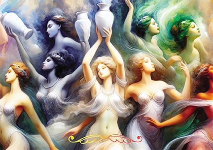 a group of goddesses wearing diaphonous robes dancing together 